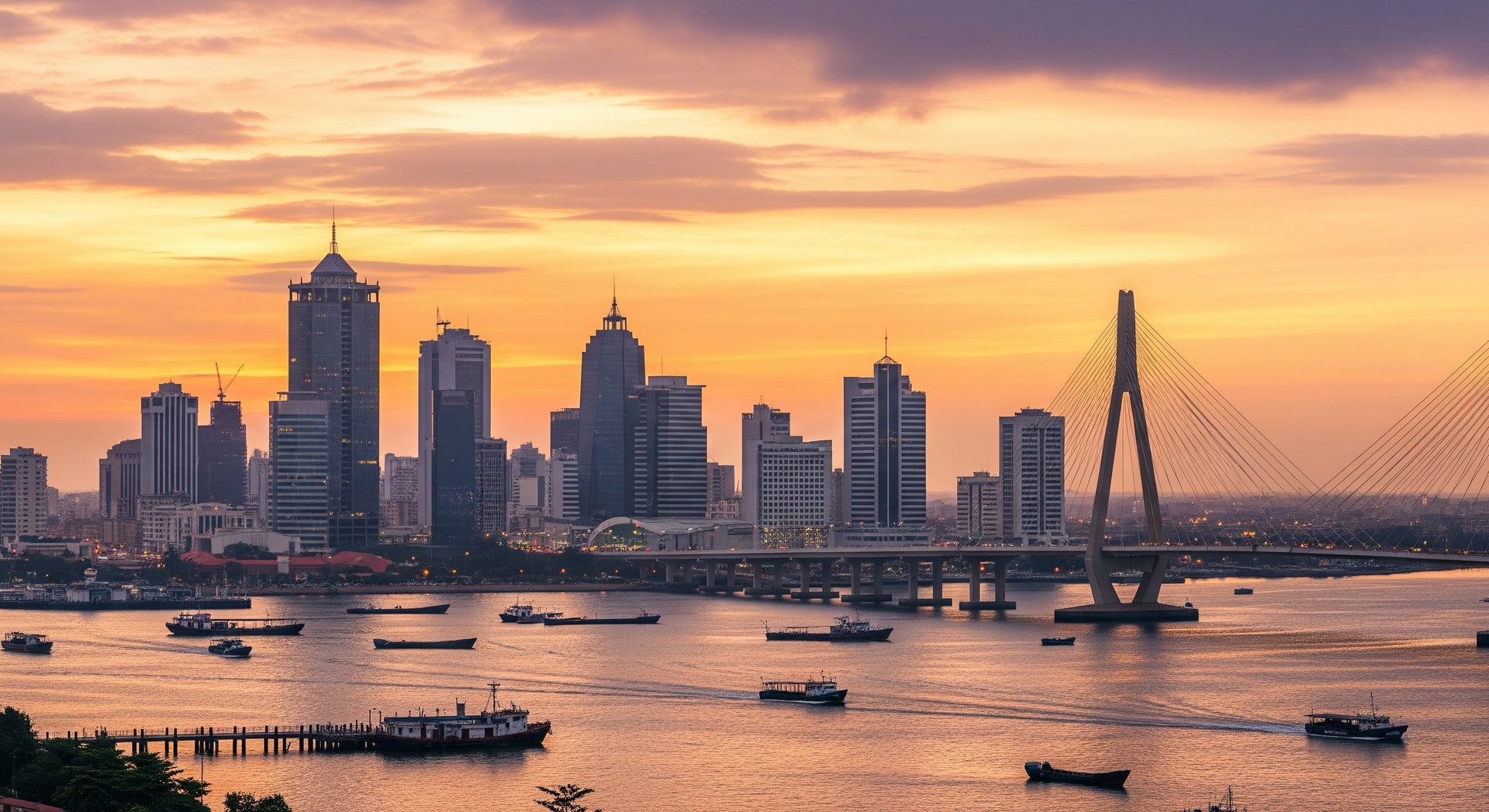 Lagos cityscape with modern skyscrapers and the iconic Third Mainland Bridge