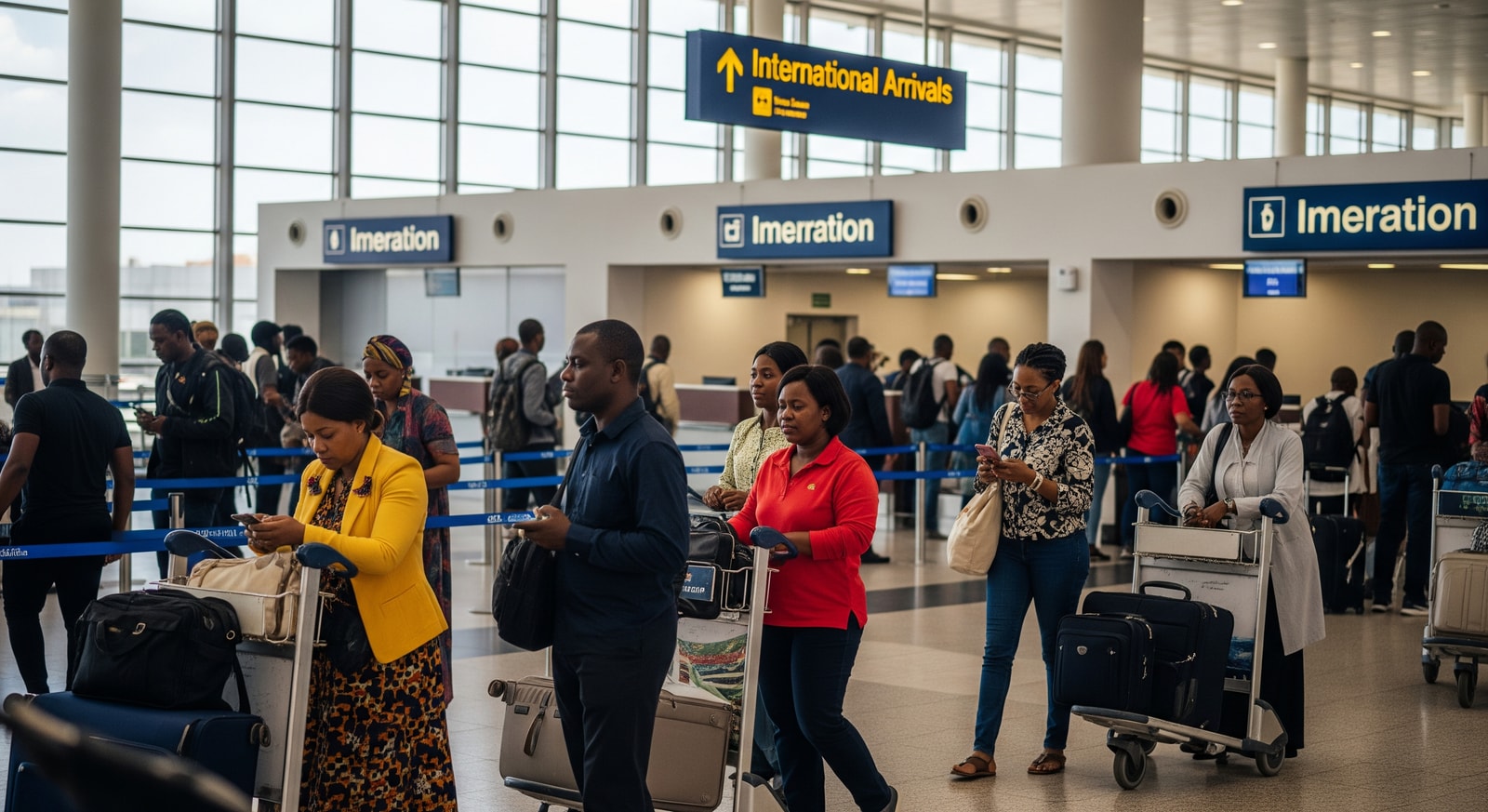 International arrivals hall at Nigerian airport with travelers proceeding to immigration