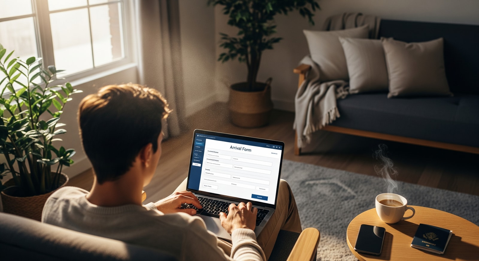 Traveler completing digital arrival form on a laptop computer at home