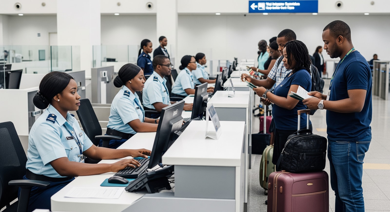 Immigration checkpoint at Nigerian airport with officers processing arrivals