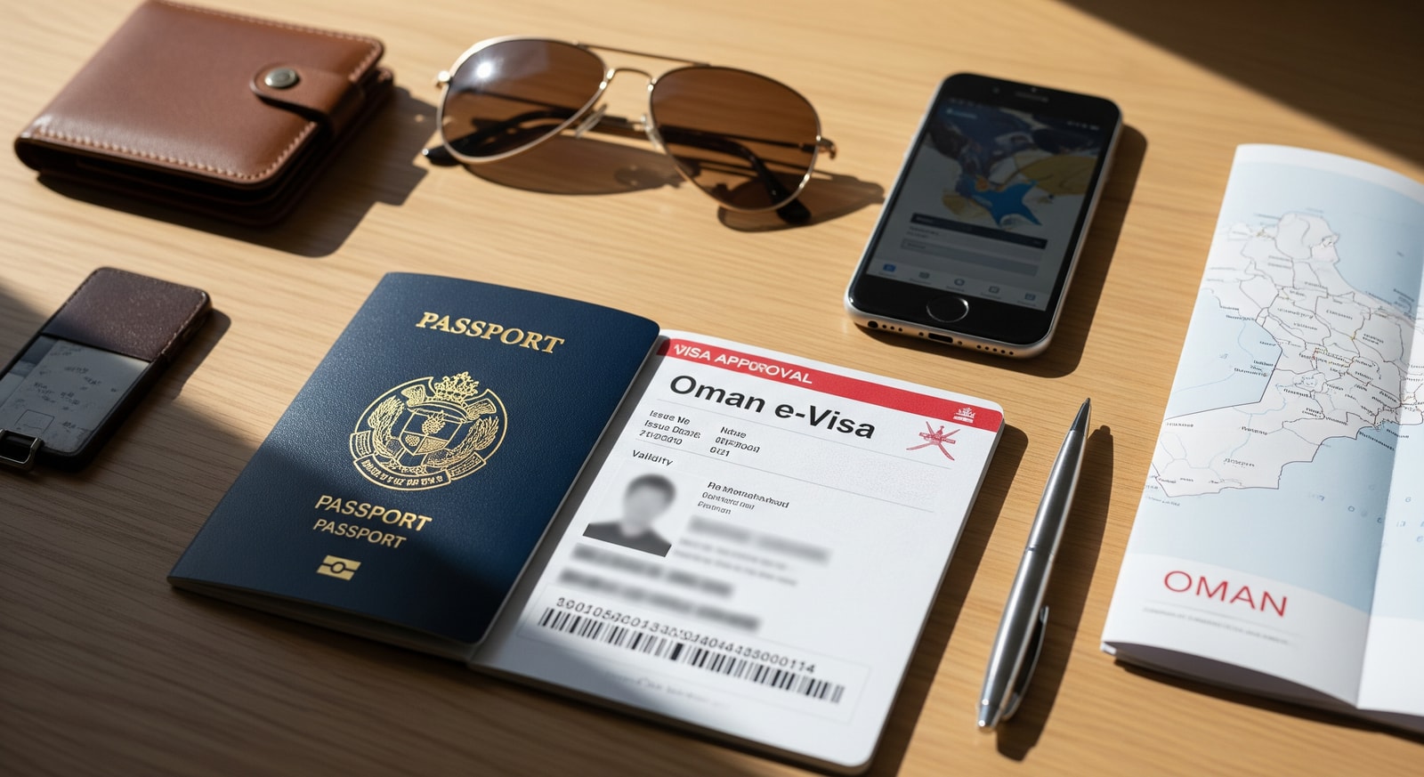 Passport with Oman e-Visa approval document and travel essentials on desk