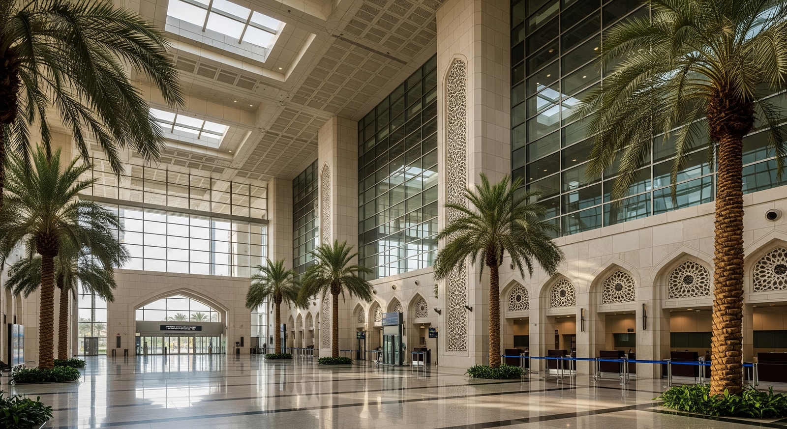 Muscat International Airport arrivals hall with modern architecture and palm trees