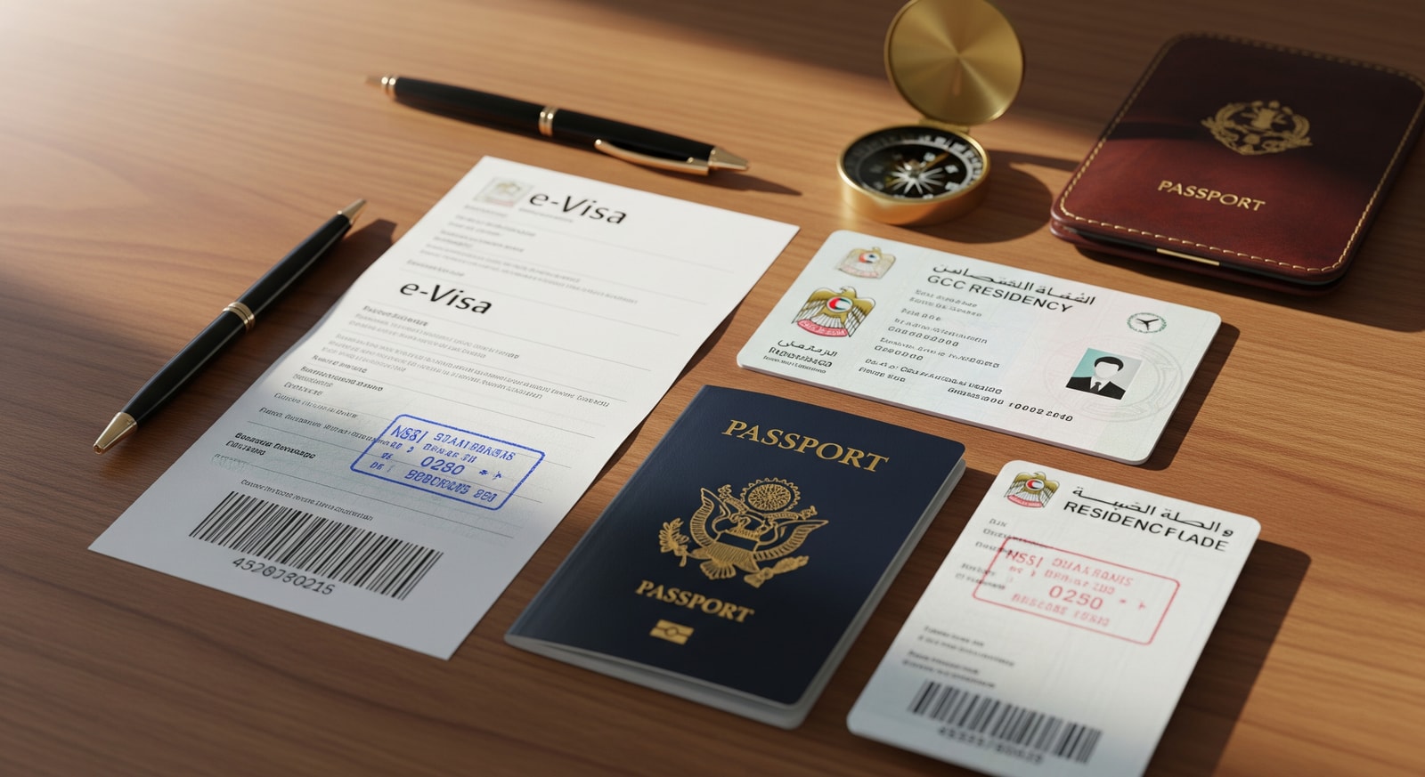 Travel documents including passport, GCC residency card, and printed e-Visa on desk