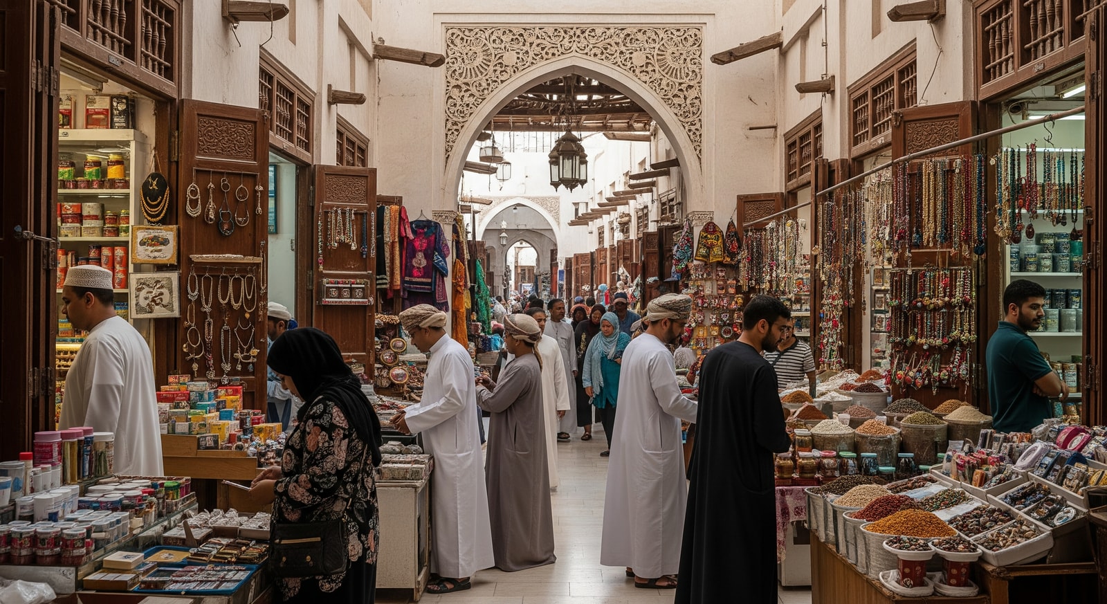 Mutrah Souq traditional market in Muscat Oman with shoppers browsing goods