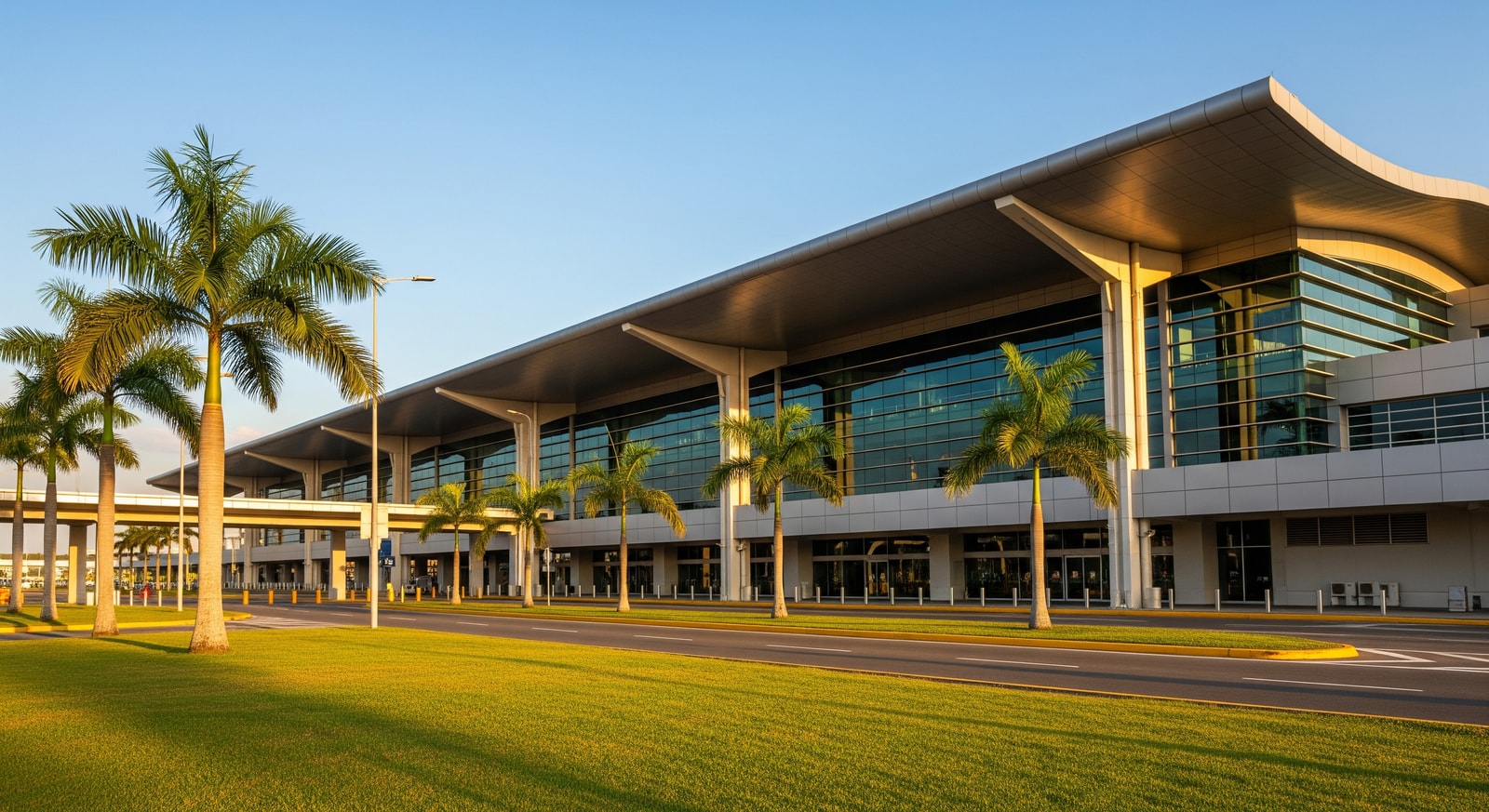 Tocumen International Airport terminal building with palm trees and modern architecture