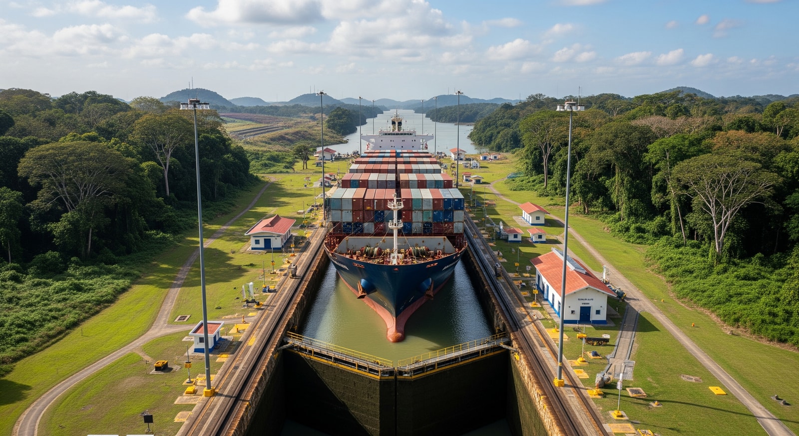 Large cargo ship transiting through the Panama Canal locks with lush vegetation surrounding
