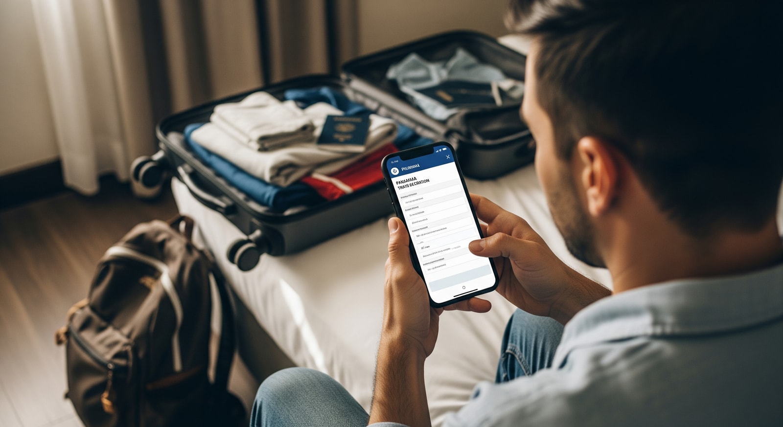 Traveler completing Panama travel declaration on smartphone while packing