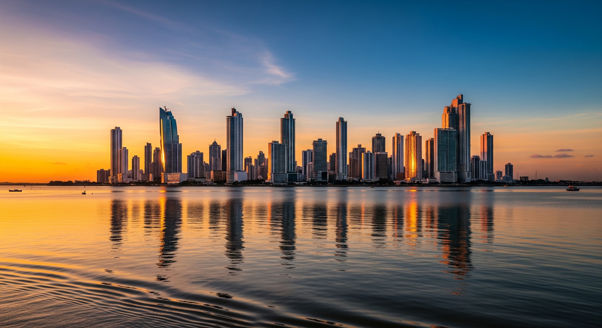 Panama City skyline with modern skyscrapers reflecting in the bay at sunset
