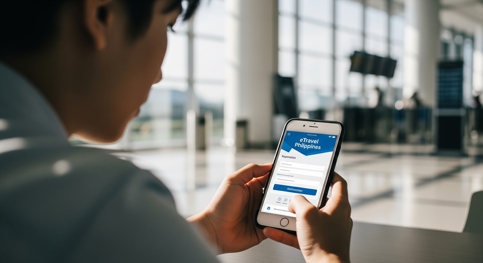 Traveler completing eTravel Philippines registration on smartphone before flight