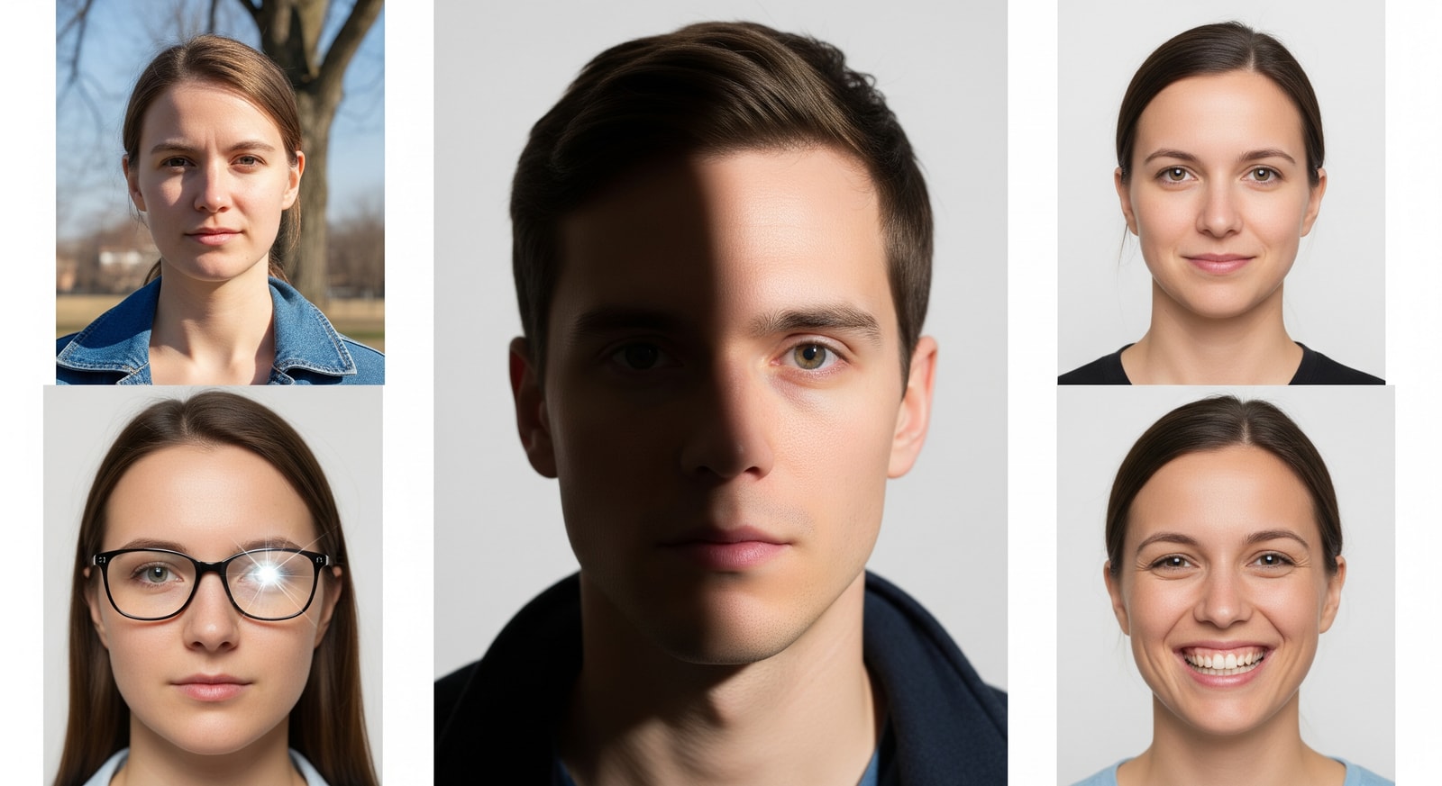 Examples of common passport photo mistakes: shadows, wrong background, glasses, smiling