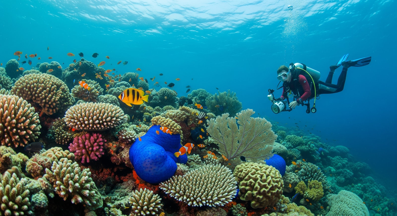 Scuba diver exploring colorful coral reef in Papua New Guinea waters