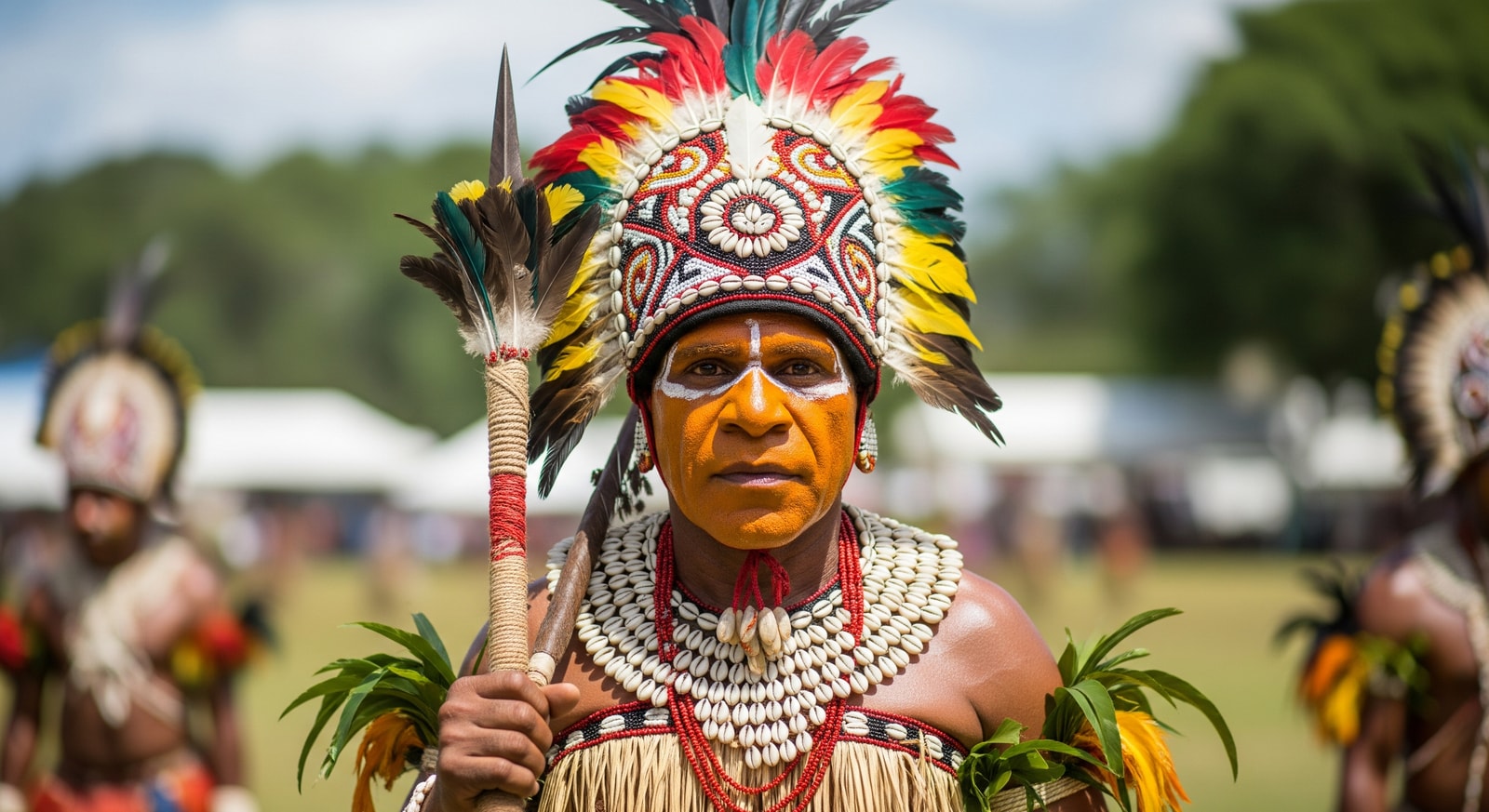 Papua New Guinea tribesman in traditional costume during Goroka cultural festival