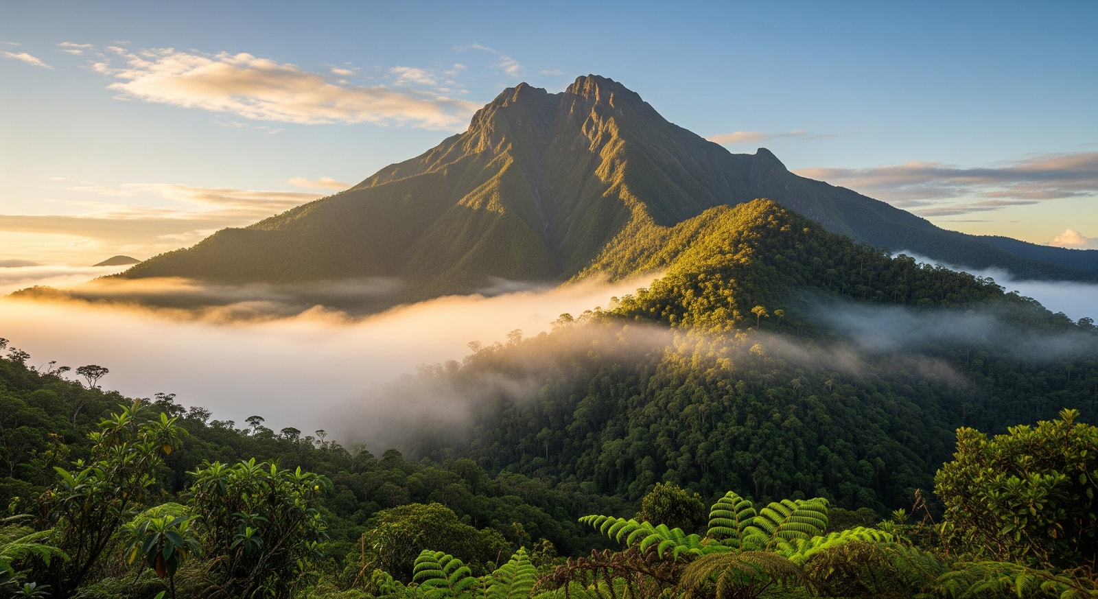 Mount Wilhelm in Papua New Guinea highlands with morning mist and lush vegetation