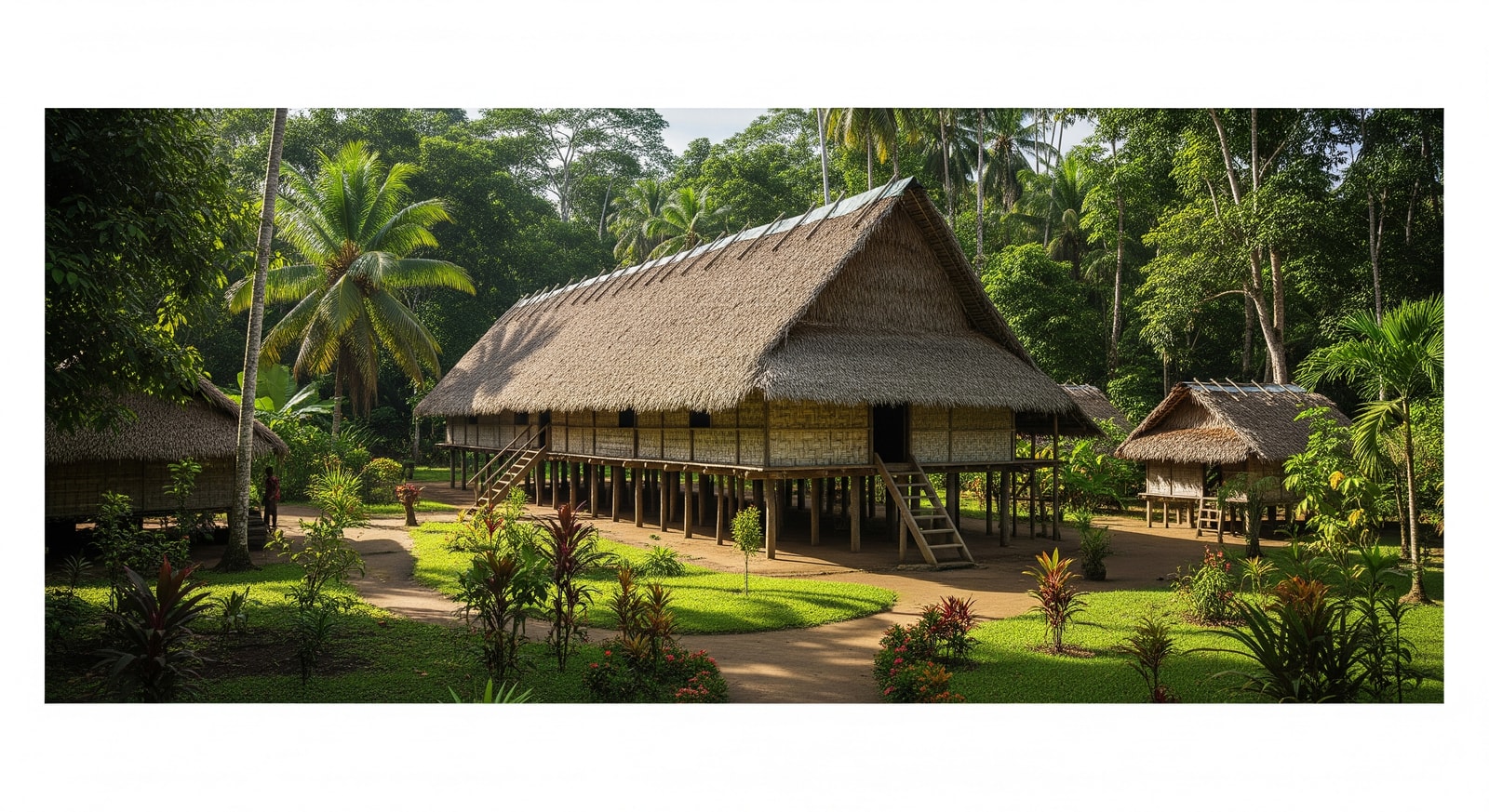 Traditional longhouse in Papua New Guinea village surrounded by tropical forest