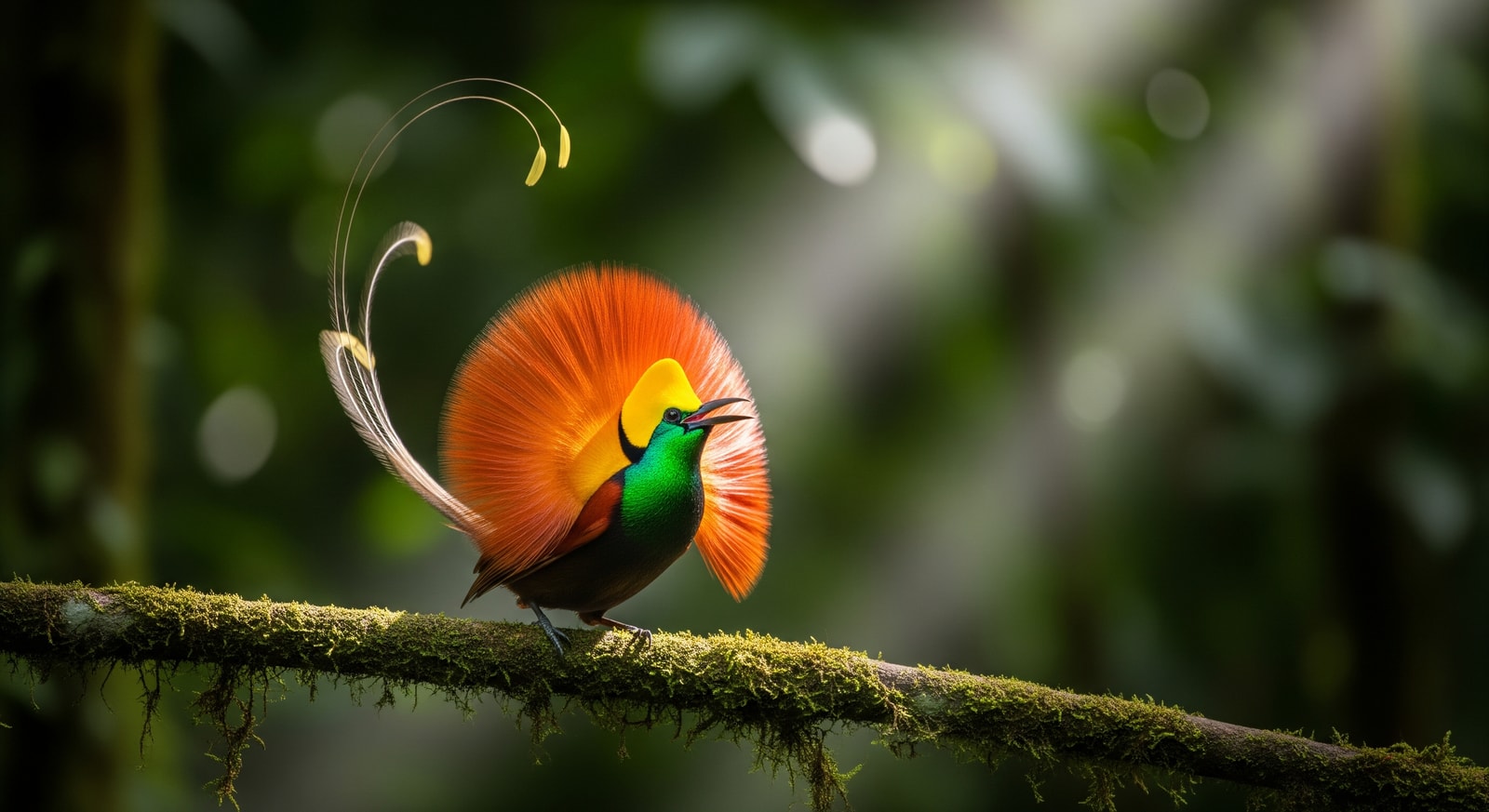 Bird of paradise displaying colorful plumage in Papua New Guinea rainforest