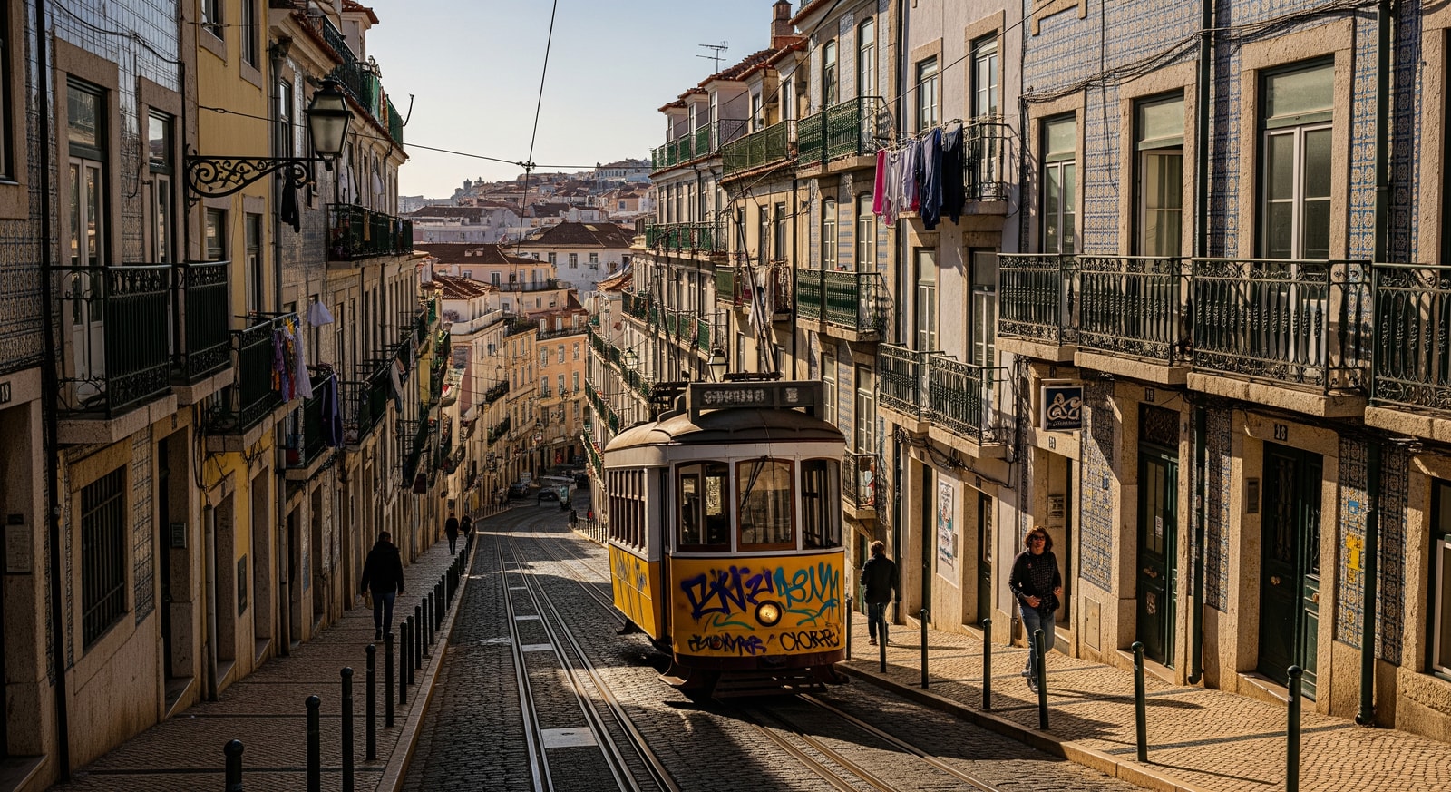 Colorful streets of Lisbon with traditional tram