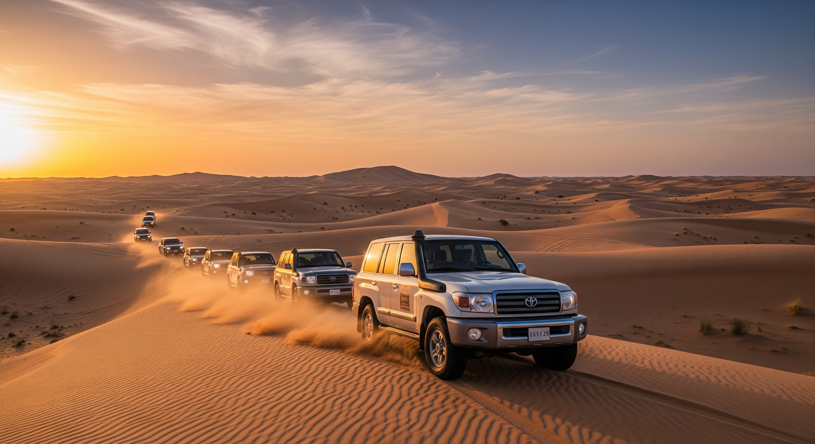 Desert safari in Qatar with 4x4 vehicles driving on sand dunes at sunset