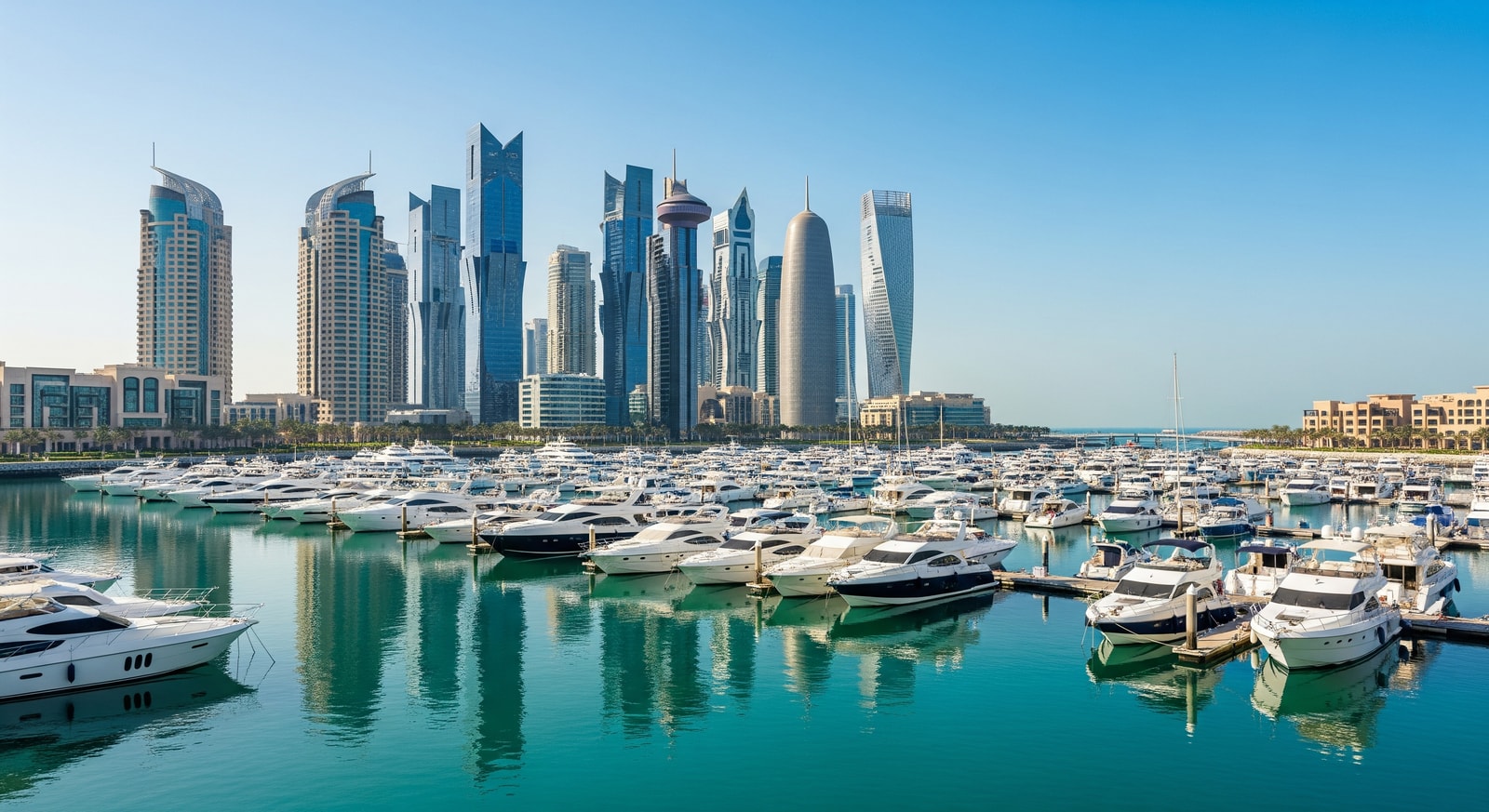 The Pearl Qatar island with luxury towers and marina filled with yachts