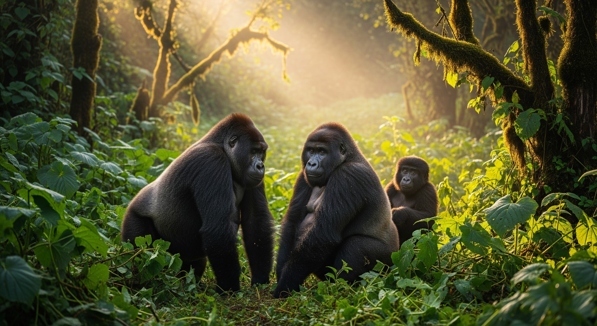 Mountain gorilla family in the lush green forest of Volcanoes National Park Rwanda