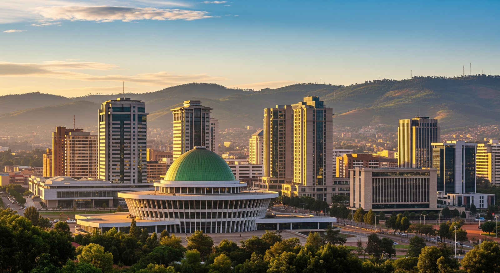 Modern Kigali Convention Centre and downtown skyline with green hills in background