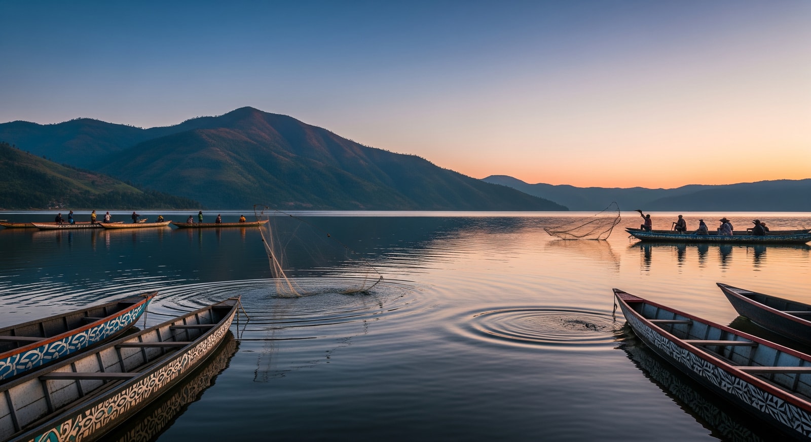 Beautiful Lake Kivu in Rwanda with mountains and traditional boats on calm water