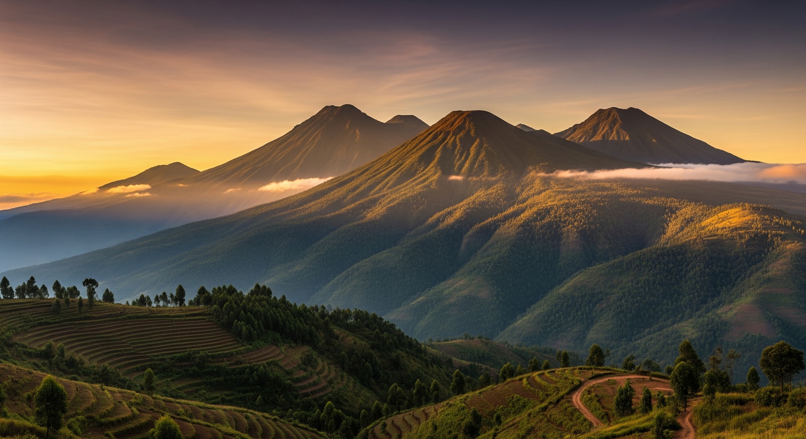 Virunga volcanic mountains range in Volcanoes National Park Rwanda at sunset