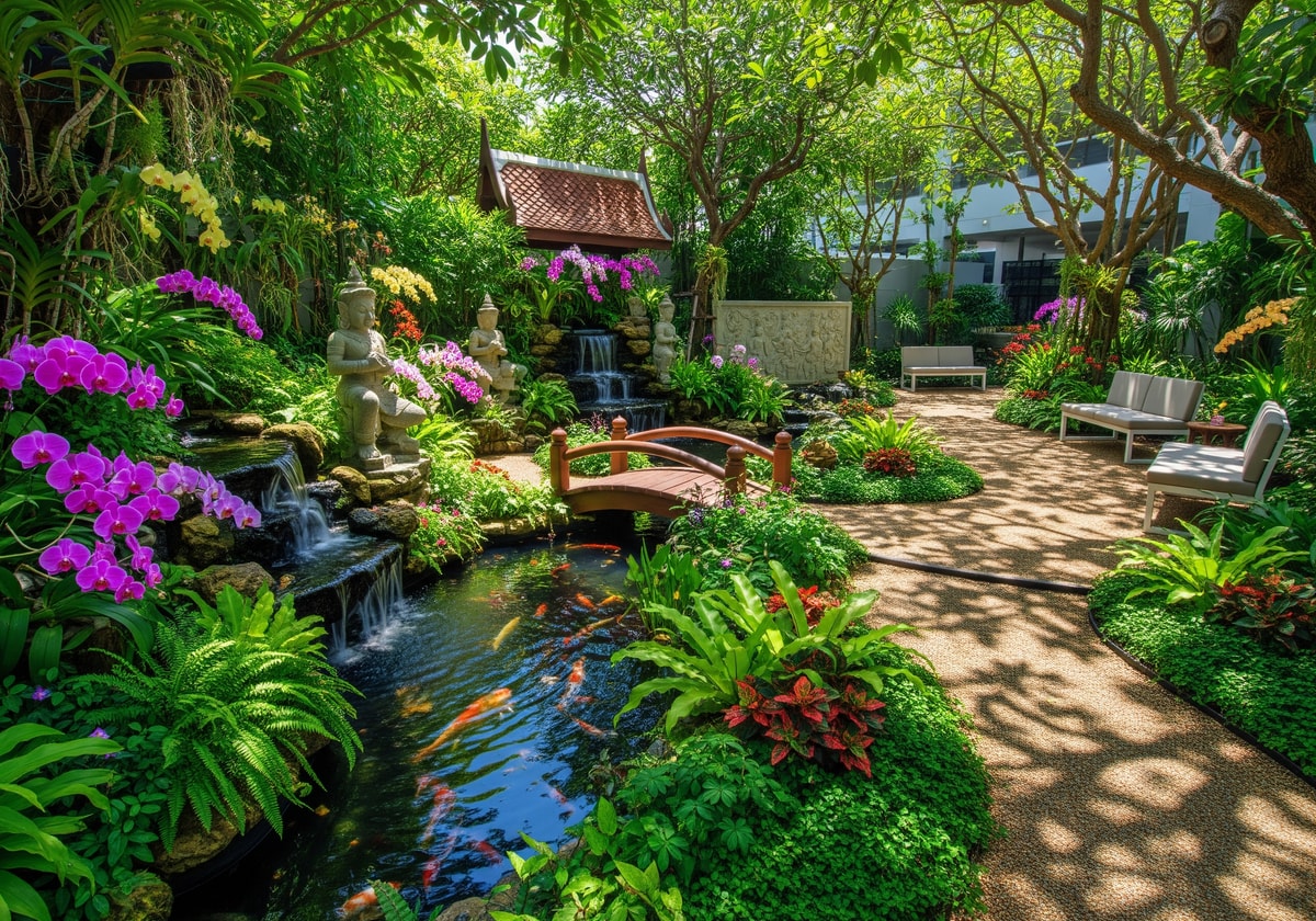 Peaceful hospital recovery garden with Thai landscaping