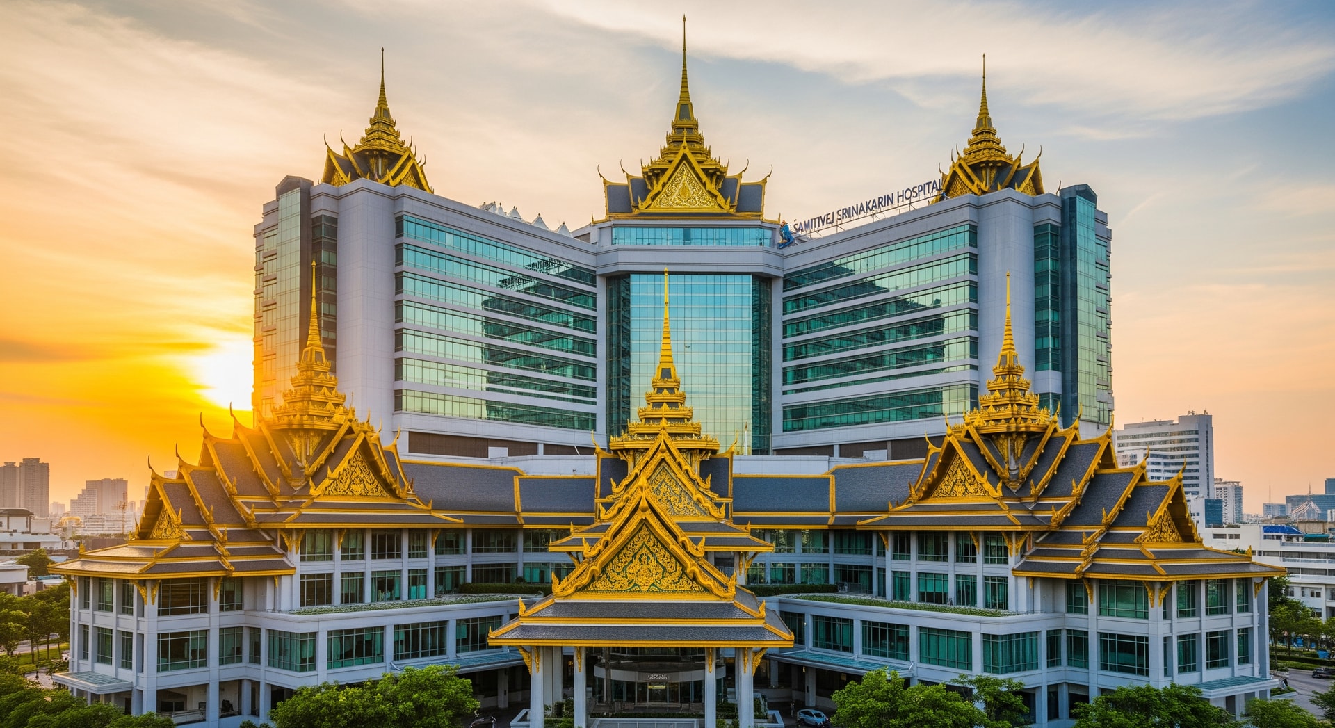 Modern Samitivej Srinakarin Hospital building exterior with Thai architecture in Bangkok