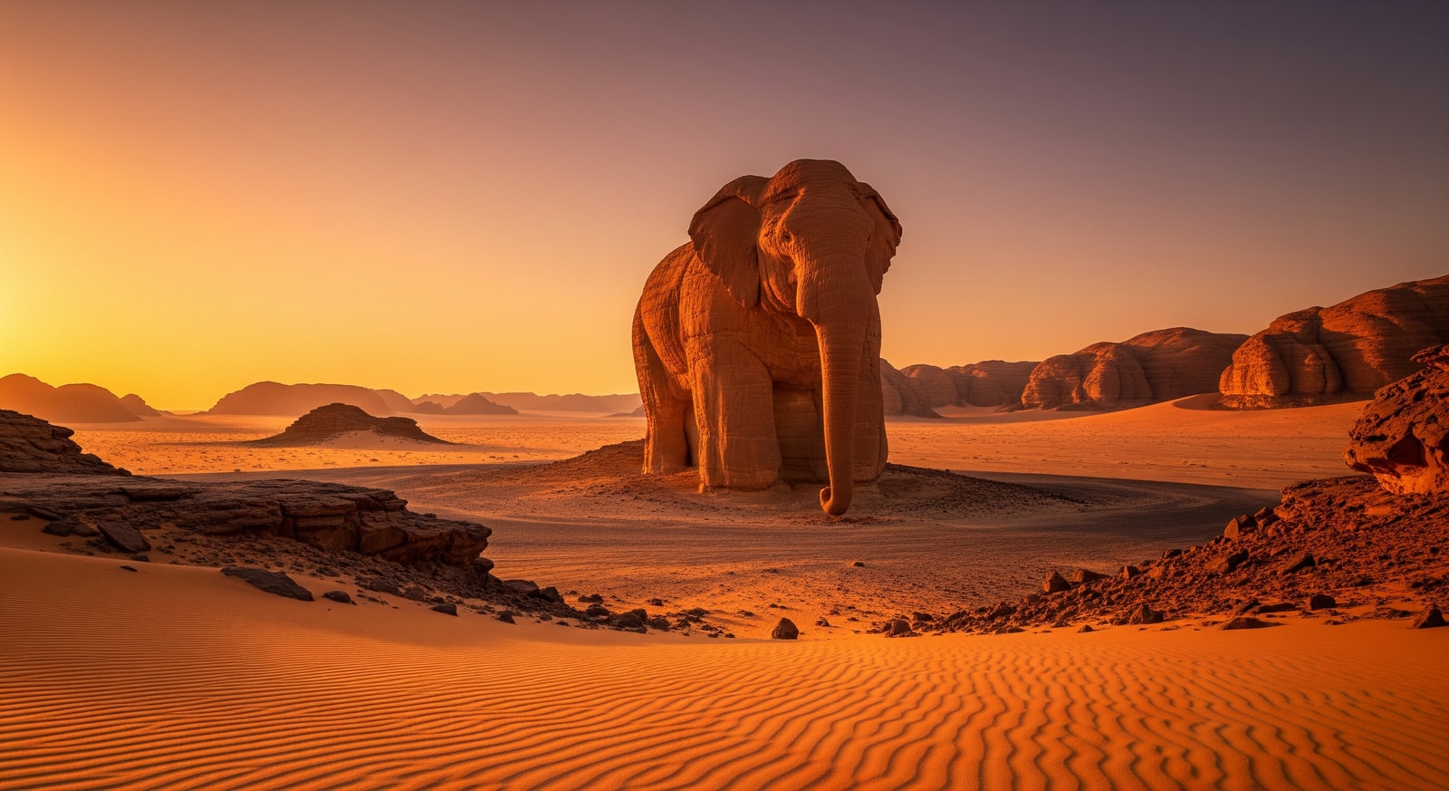 Elephant Rock natural formation in Al-Ula desert landscape at golden hour