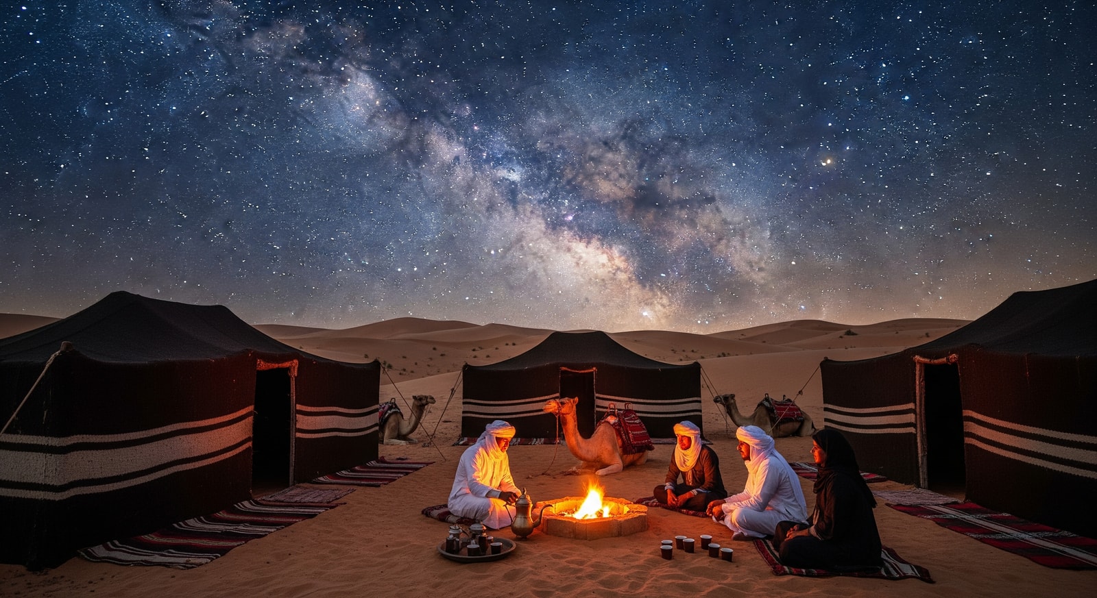 Traditional Bedouin tent camp in the Saudi Arabian desert under starry night sky