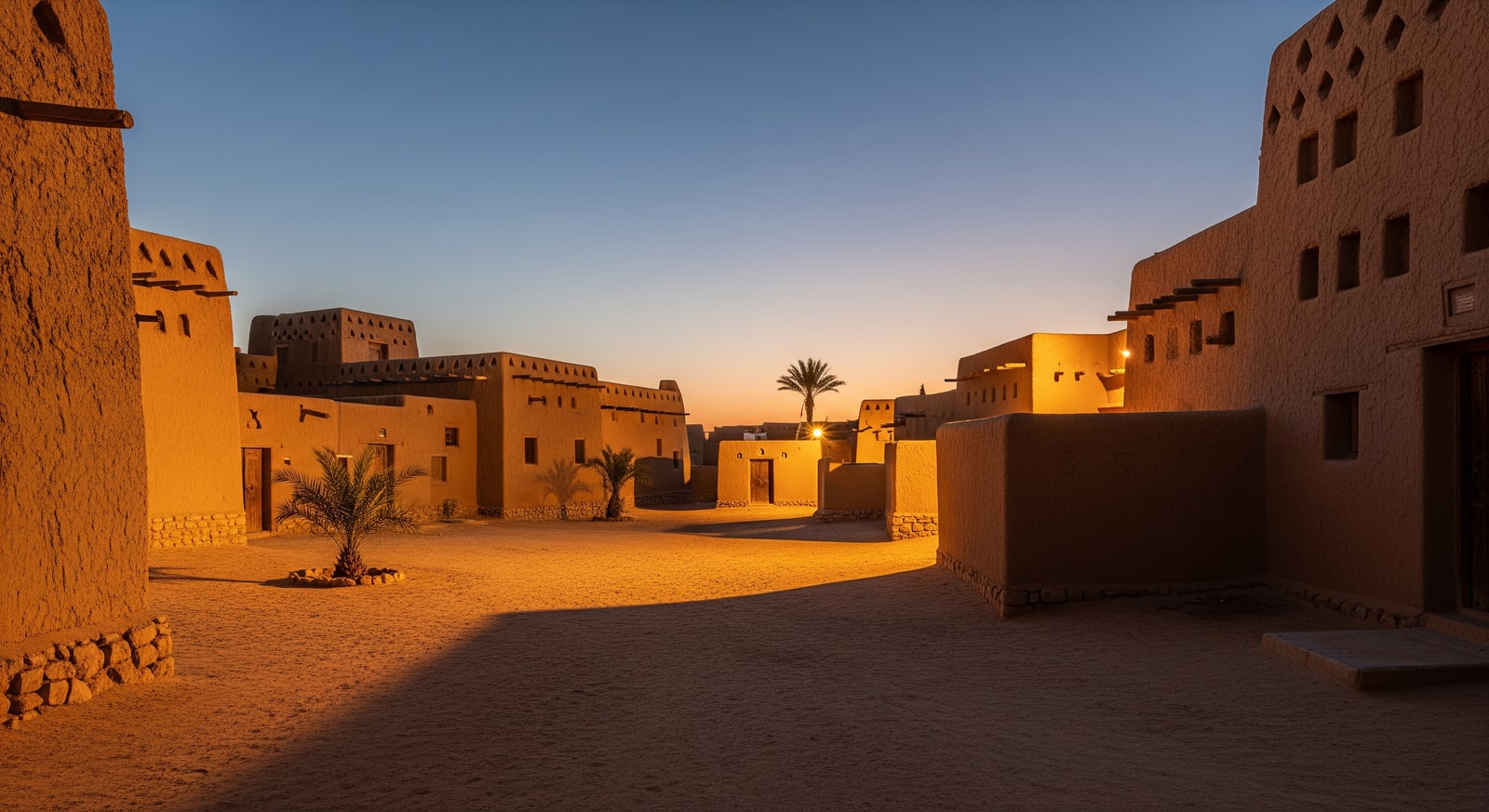 Restored mud-brick buildings at Diriyah historical district near Riyadh at twilight