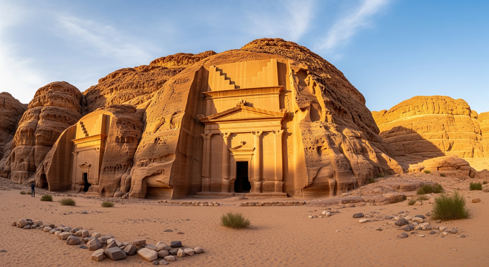 Ancient Nabatean tomb facades at Hegra archaeological site in Al-Ula Saudi Arabia