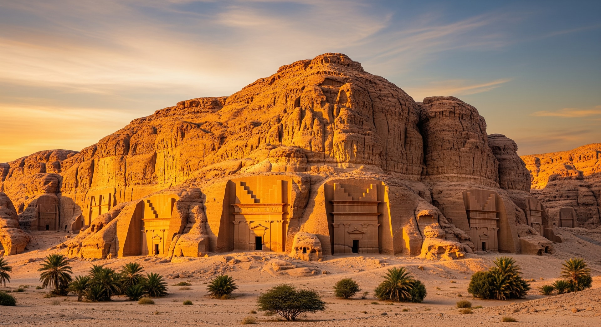 Spectacular Hegra ancient tombs carved into sandstone cliffs at Al-Ula Saudi Arabia