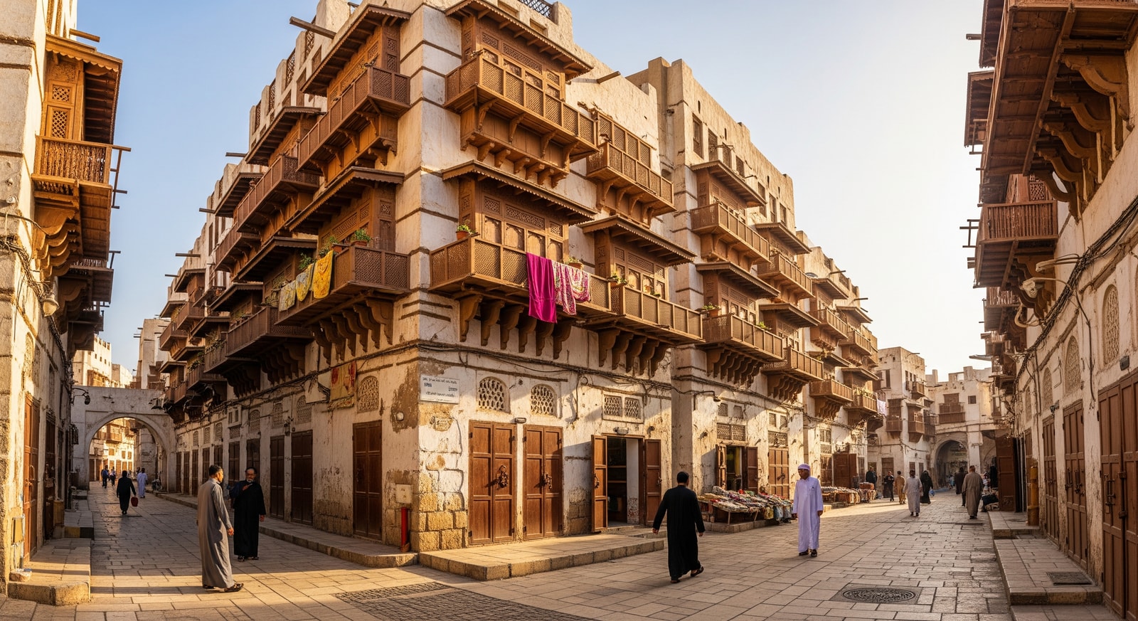 Historic Al Balad district in Jeddah with traditional coral stone buildings and wooden balconies