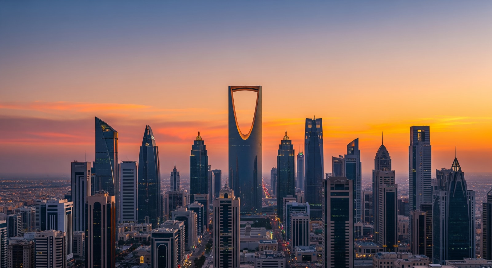 Riyadh skyline at sunset with Kingdom Centre tower and modern skyscrapers
