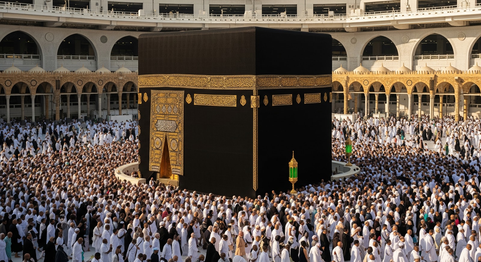 Pilgrims performing Tawaf around the Kaaba during Umrah in Masjid al-Haram