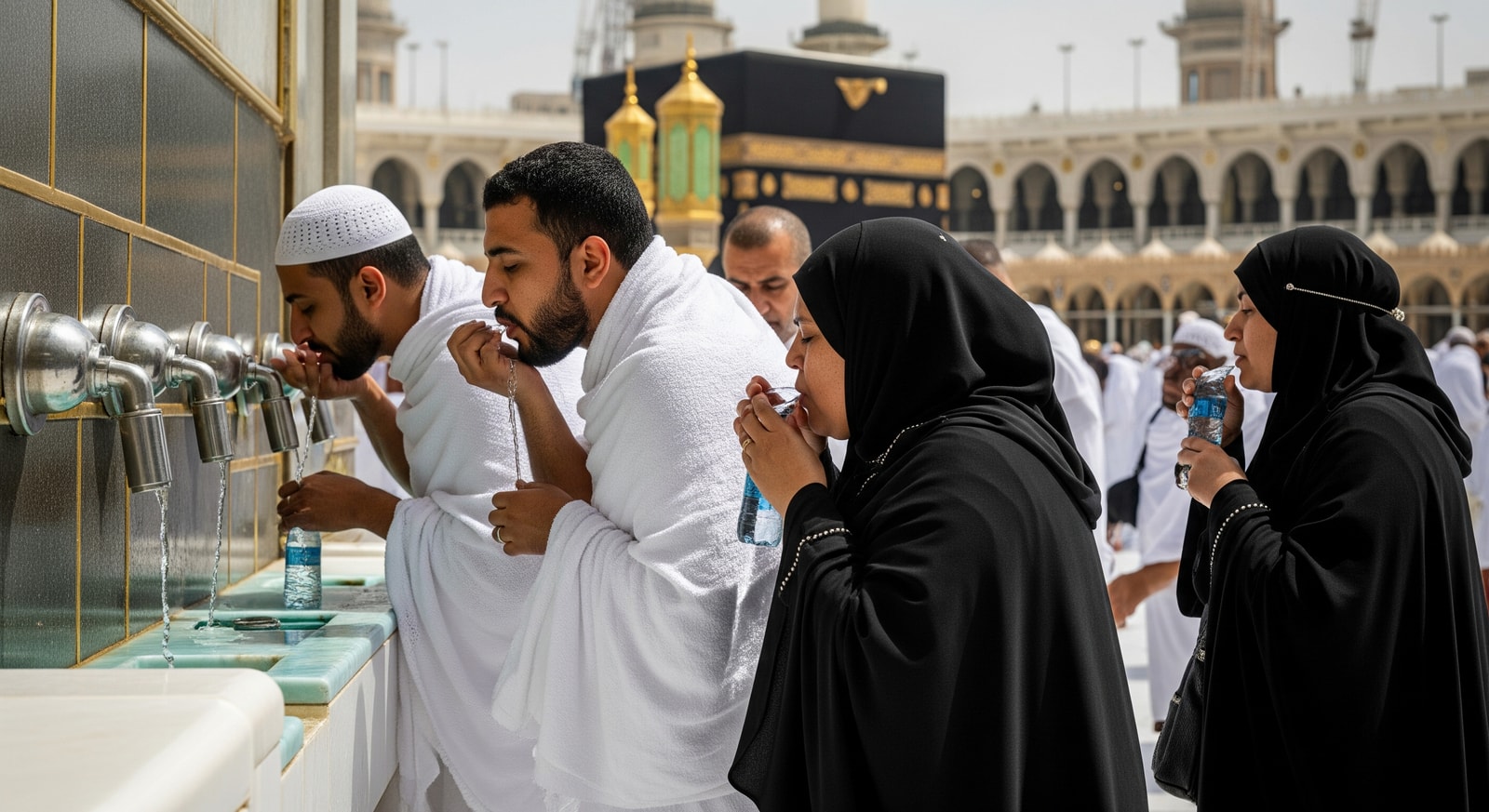 Pilgrims drinking blessed Zamzam water at Masjid al-Haram in Makkah