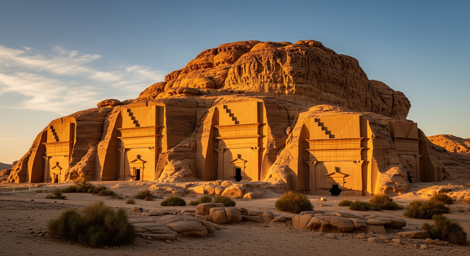 Ancient Nabatean tombs carved into sandstone at Hegra Al-Ula Saudi Arabia