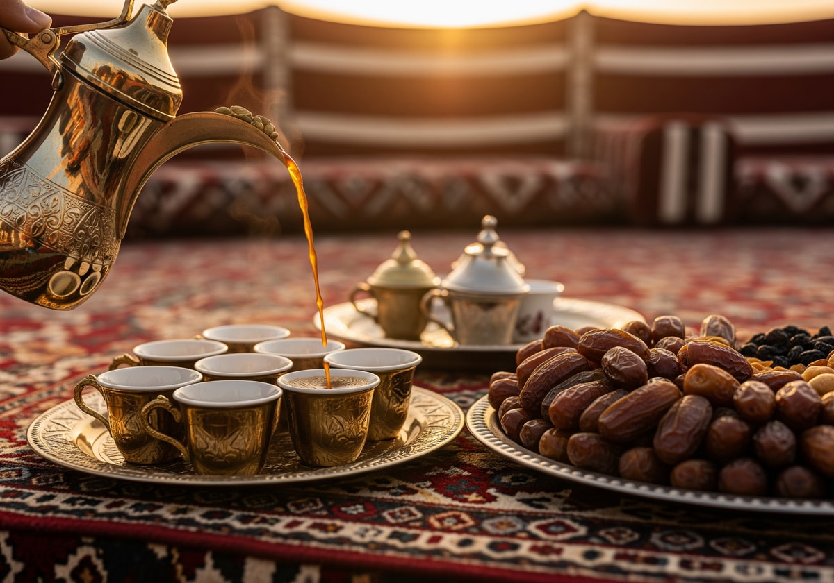 Traditional Saudi Arabian coffee ceremony with dates and cardamom coffee