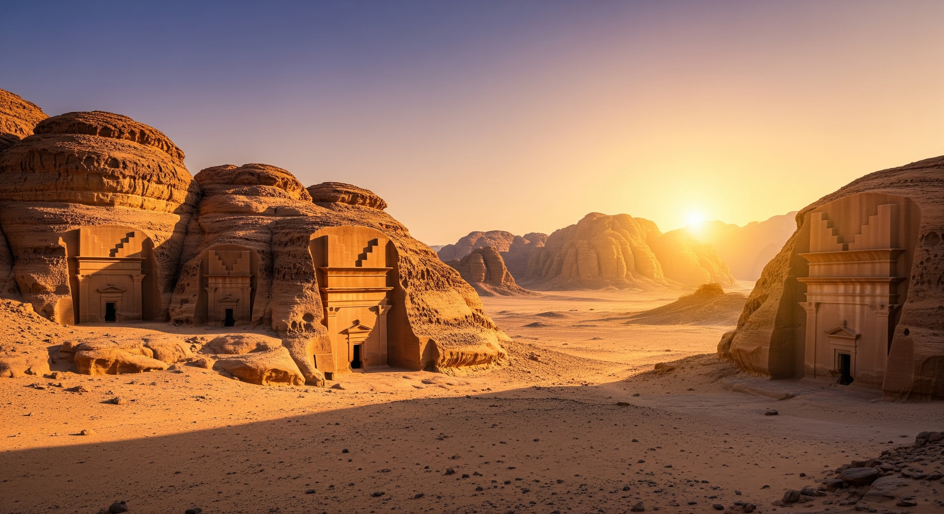 Al-Ula rock formations and ancient Nabatean tombs in Saudi Arabia at sunset
