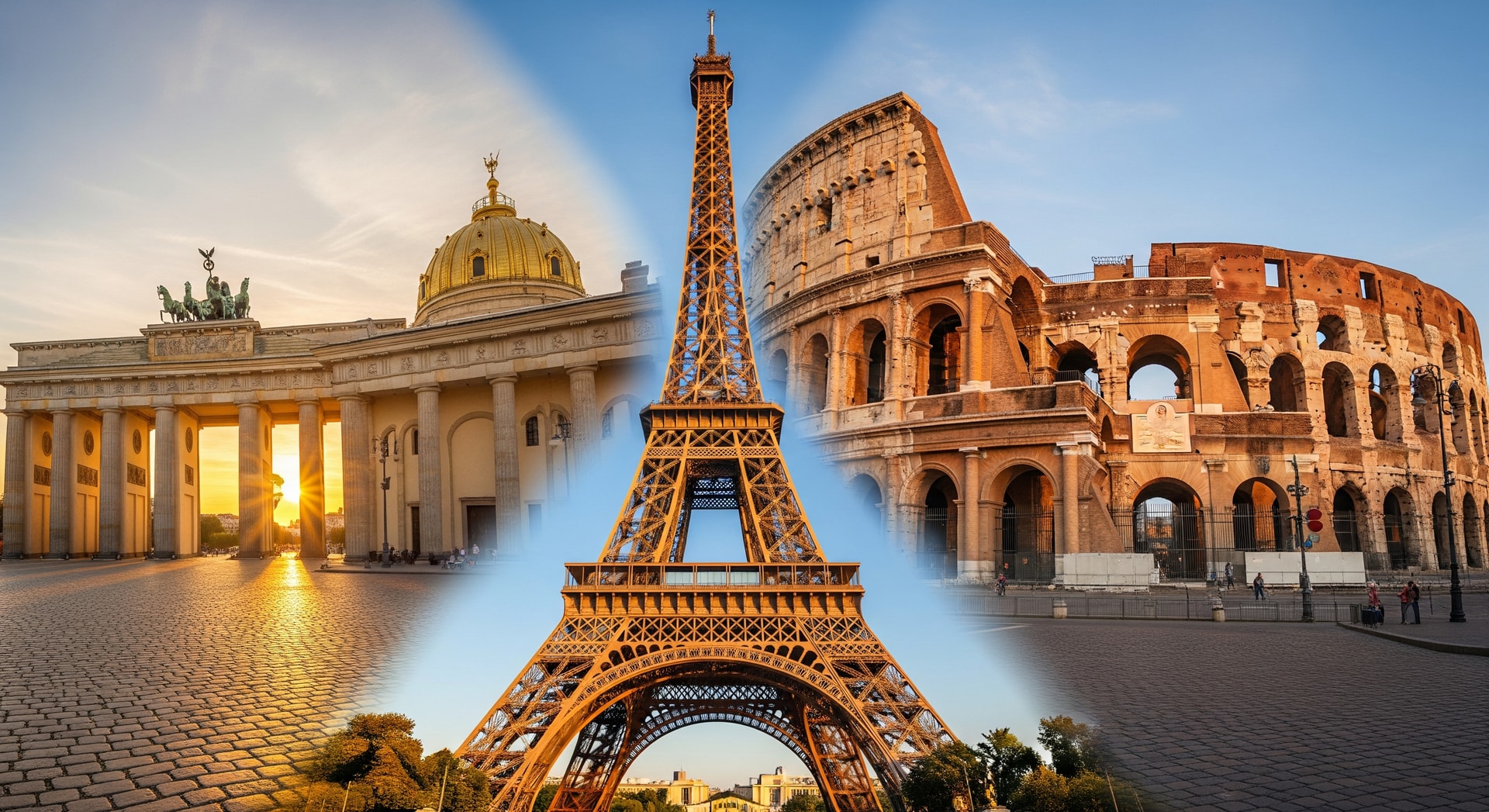 European landmarks collage featuring the Eiffel Tower, Colosseum, and Brandenburg Gate