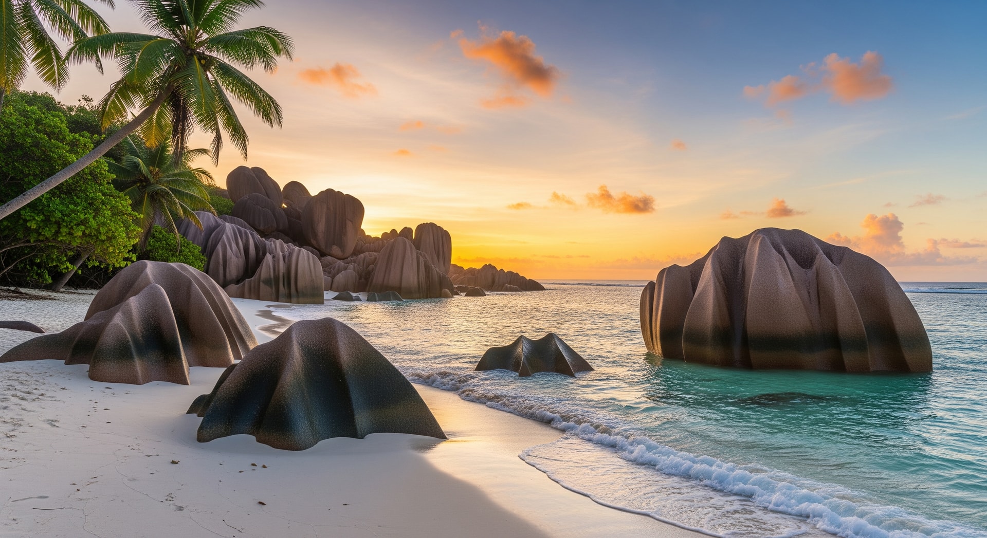 Pristine beach with granite boulders on La Digue island in Seychelles