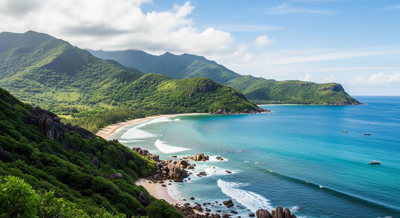 Panoramic view of Mahé island coastline with lush mountains and blue ocean
