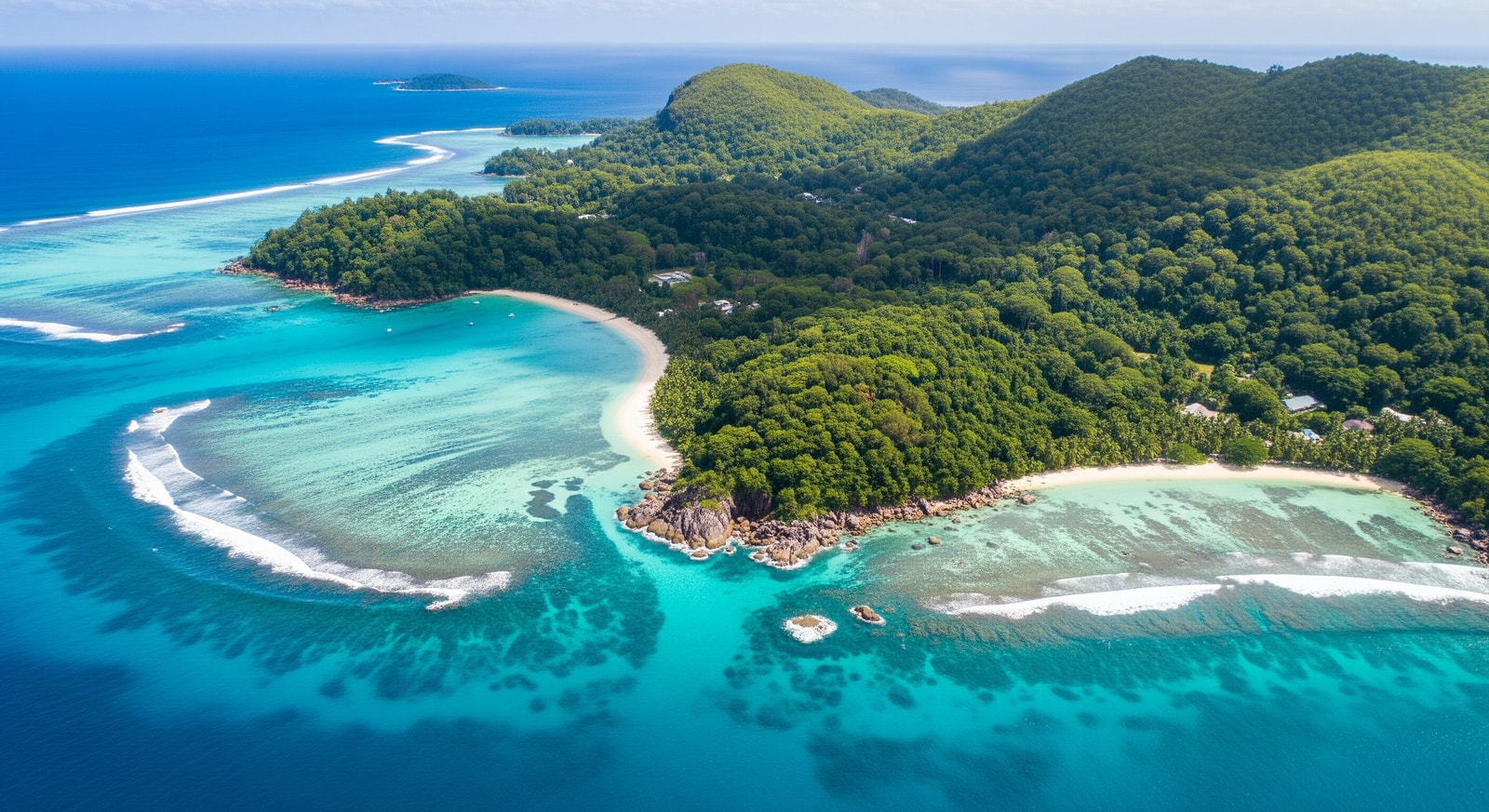 Aerial view of Praslin island Seychelles with turquoise water and lush green forests
