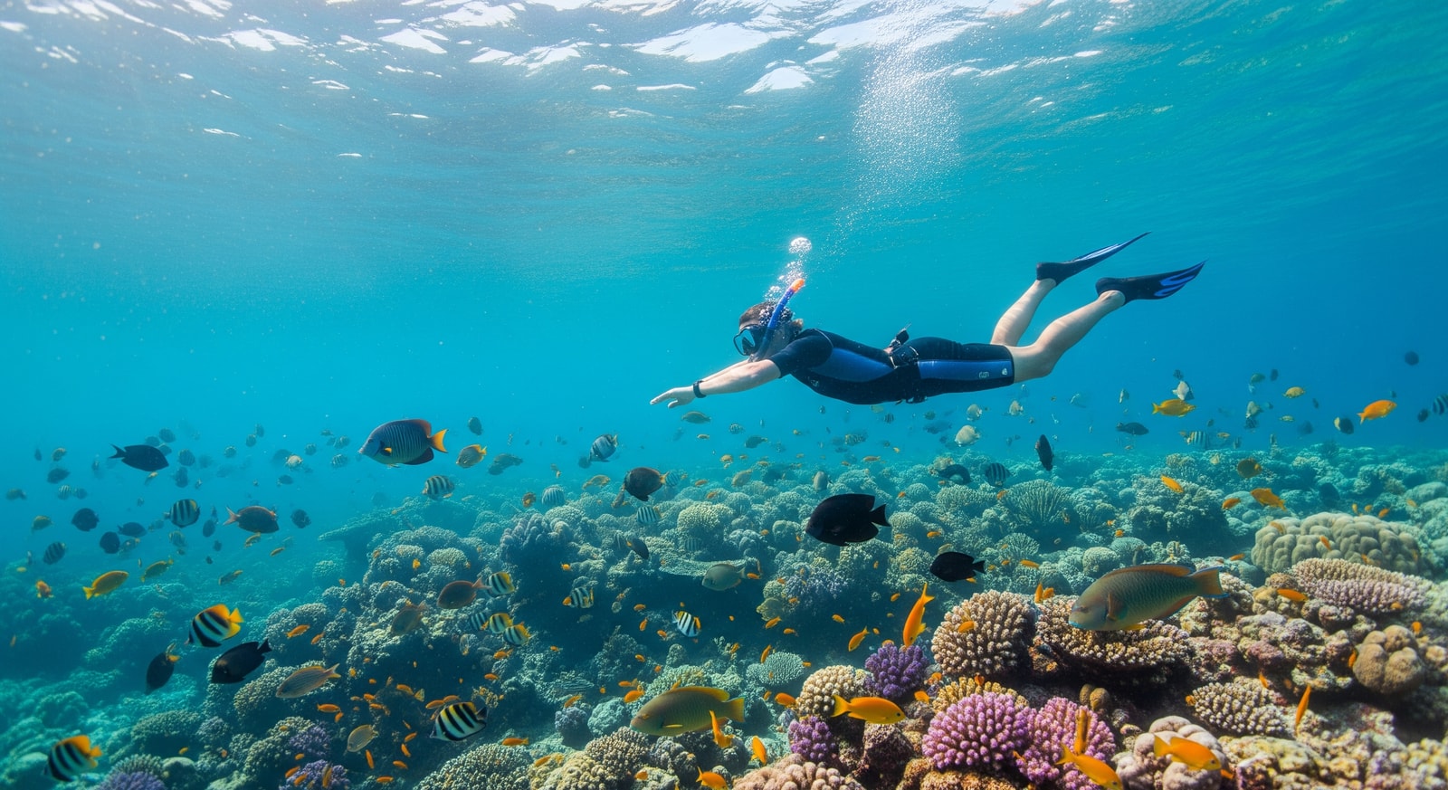 Snorkeler swimming with tropical fish over coral reef in Seychelles waters