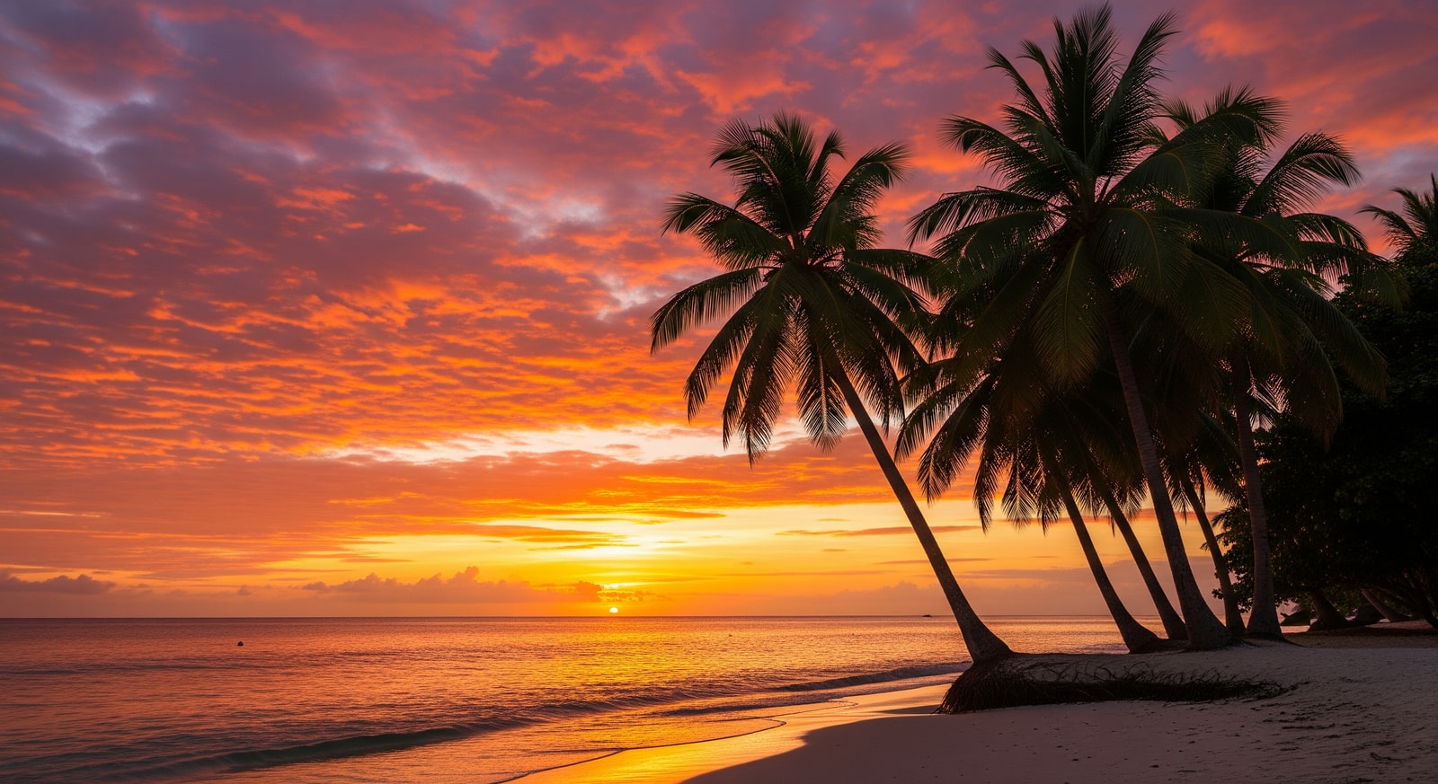 Stunning sunset over Seychelles beach with palm tree silhouettes