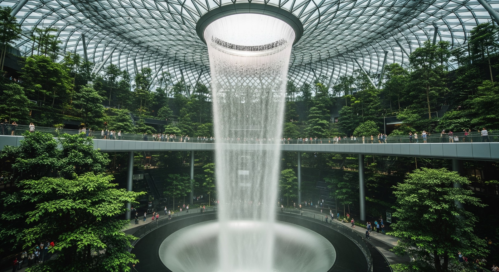 Jewel Changi Airport with indoor waterfall and lush gardens