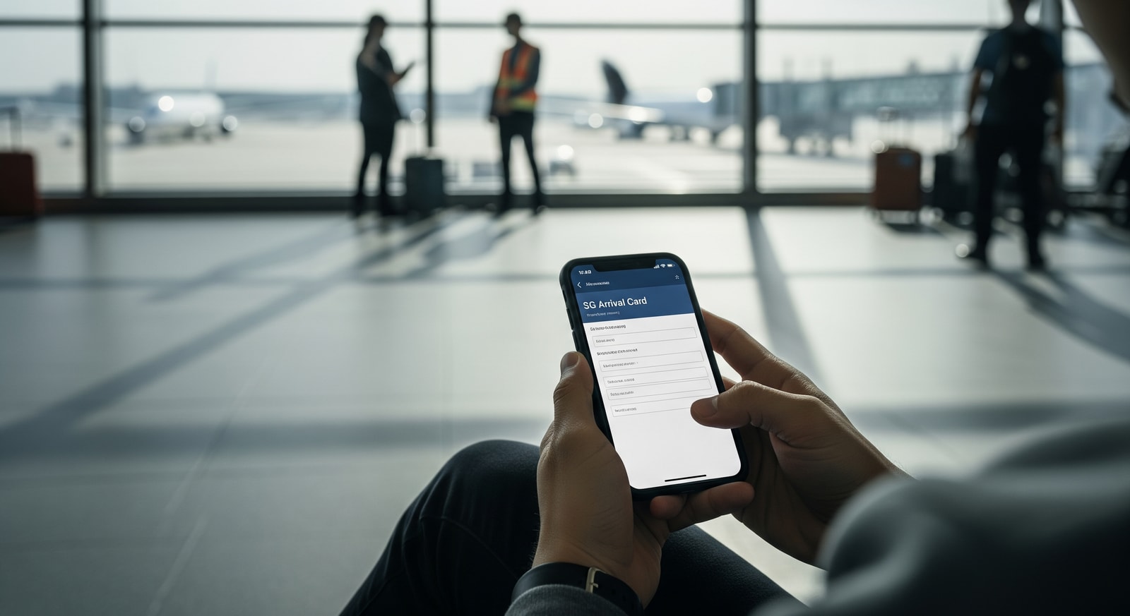 Traveler completing SG Arrival Card on smartphone at airport