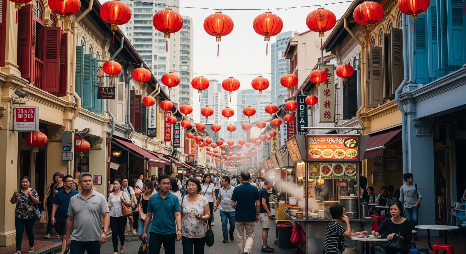 Vibrant Singapore Chinatown street with traditional shophouses and lanterns