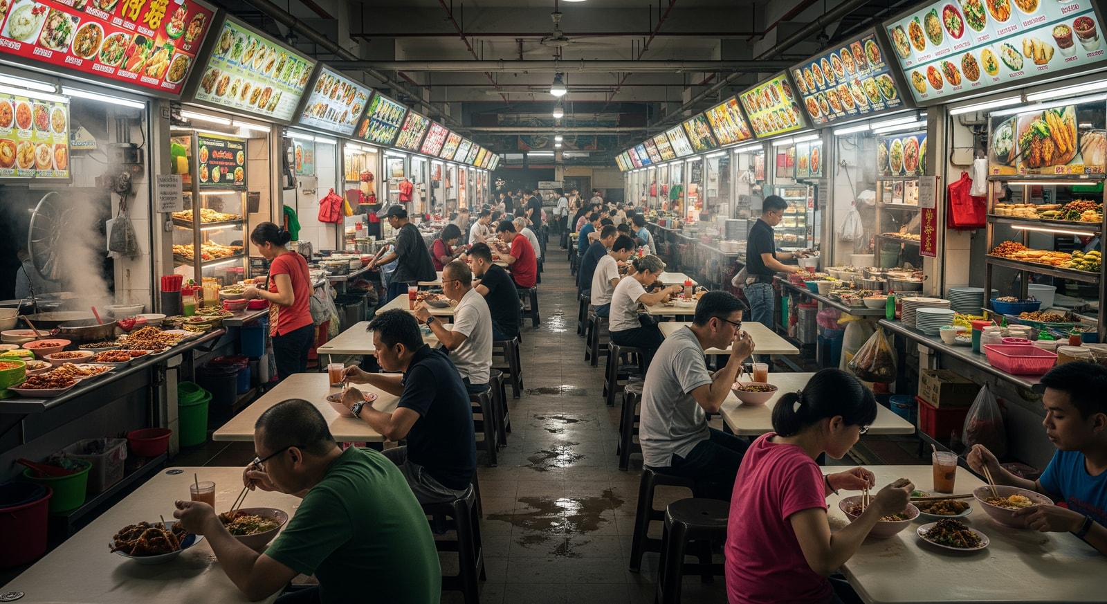 Colorful Singapore hawker center with food stalls and local diners